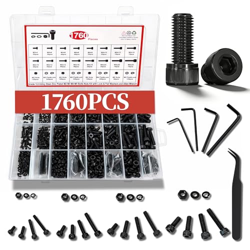 Metric Screw Assortment Kit, M2 M3 M4 M5 Bolt Assortment with Bolts and Nuts, Hex Socket Cap Head M Screws for 3D Printer Black Zinc Plated Grade 12.9 Alloy Steel - size: M2-M5 1760 PCS