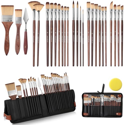 Paint Brushes Set of 26 Pieces Watercolor Acrylic Paint Brushes with Self-Standing Case, Professional Wooden Handle Brushes for Oil, Acrylic and Watercolor Painting, Face Painting