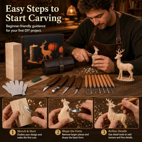 26Pcs Deluxe Wood Carving Kit, Whittling Knife Set with Leather Storage Case, Basswood Blocks & Safety Gloves, Woodworking Tools for Beginners Adults Kids, DIY Craft Gift for Men Teens