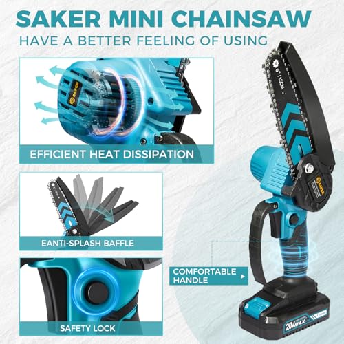 Saker Mini Chainsaw,6 Inch Electric Chainsaw Cordless with 2 Batteries Blue - color: 6 Inch Blue