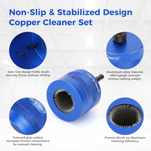 1/2" & 3/4" Copper Pipe Cleaner Set for Drill with 1/4" Hex Shank & 2 Pipe Cleaning Brushes & 6 Exchange Blades 2 Copper Metal Pipe Cleaner Kit Plumbing Tools for Rust Stains Paint - size: 1/2" & 3/4"