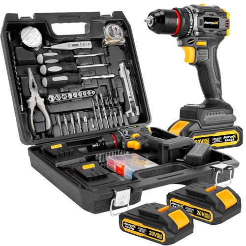 AwxryoX Brushless Compact Drill Tool Set, 60N.m 20V Cordless Drill Tool Box with 2 Battery, 135Pcs Man Household Combo Set with DIY Hand Taladros Kits, 531 In-lb Kit with Drill for Daily Home Repair