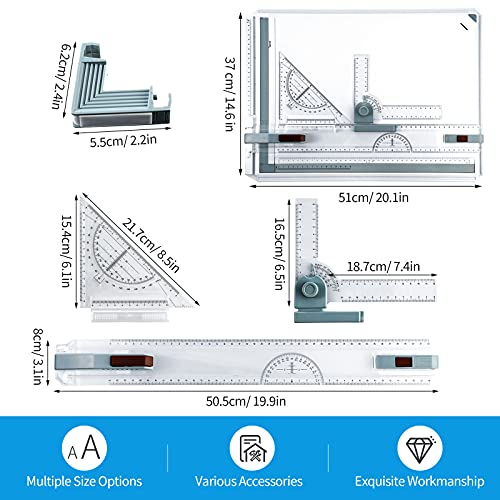 Zonon A3 Portable Drawing Board, Multi-Function Metric Drafting Table Drafting Board with Clear Rule Parallel Motion and Angle Adjustable Measuring System(A3) - size: A3
