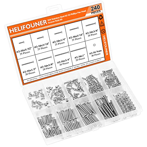 HELIFOUNER 240 Pieces #2-56 Phillips Pan Head Machine Screws Nuts Assortment Kit, Coarse Thread, Fully Machine Threaded, 304 Stainless Steel - size: #2-56, style: Phillips Pan Head