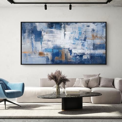 KLAKLA Living Room Wall Art - Navy Blue Abstract Large Paintings Artwork Picture Framed Canvas Bedroom Office Home Decoration Huge Art Work for Wall Decor - 58x29 Inches - color: Blue-White-Gray + Black frame, size: 58"L x 29"W