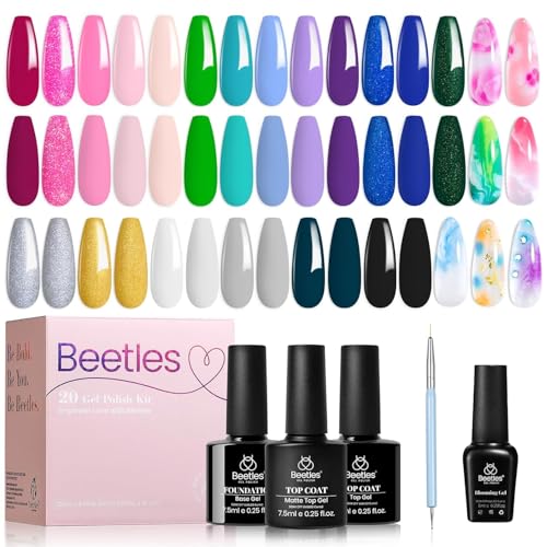 Beetles Gel Nail Polish with Blooming Gel -19 Colors Gel Nail Polish | Pink Green Blue Purple Neon Gel Nail Polish 3Pcs Base&Glossy Matte Top Coat,Clear Polish for Spreading Effect Soak off UV - color: 3-20 Light-years Away