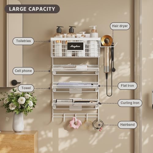 Magheo Hair Dryer Holder Wall Mounted, Adheisve Hair Styling Tool Organizer for hair Brush/Appliance Wall Mount with 5 Tier Shelf Basket Hooks Blow Dryer and Straightener Holder for Bathroom(White) - color: White