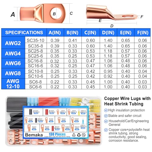 130Pcs Copper Wire Lugs Kit, Battery Terminal Connectors AWG 2 4 6 8 10 12 14 16 Gauge Heavy Duty Battery Cable Ends Ring Terminal Wire Connectors Kit with Heat Shrink Tubing - size: 130Pcs