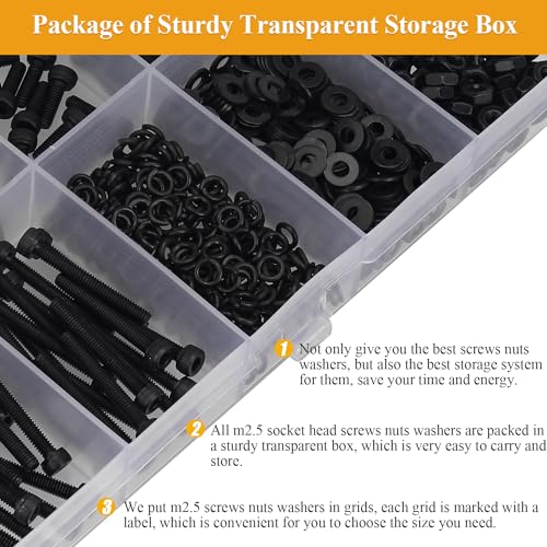 705 Pieces M2.5 Screws Nuts Washers Set Black, Sutemribor M2.5 x 4/6/8/10/12/16/20mm Hex Socket Head Cap Screws Nuts Washers Assortment Kit, 12.9 Grade Alloy Steel, Fully Threaded - size: M2.5 x 4/6/8/10/12/16/20mm Kit, style: Socket Head