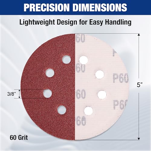 WORKPRO Sanding Discs, 5-Inch 60 Grit 8-Hole Hook and Loop, 150 Pack - style: 150PCS 5 Inch 60 Grit