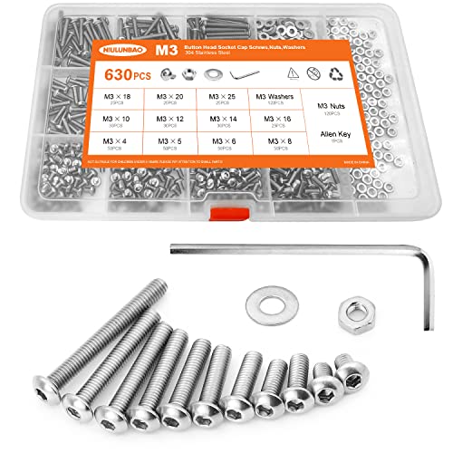 630PCS M3 x 4/5/6/8/10/12/14/16/18/20/25mm Button Head Socket Cap Screws Bolts and Nuts Flat Washers Assortment Kit, 304 Stainless Steel, Metric Machine Fully Thread, Allen Hex Drive - size: M3 Button Head (630PCS)
