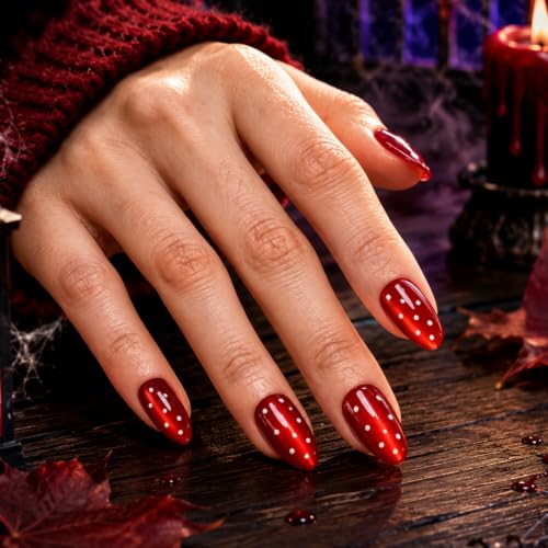 Beetles Red Press On Nails Short Almond, Halloween Cat Eye Polka Dot - color: 2C - Polka Ruby - S