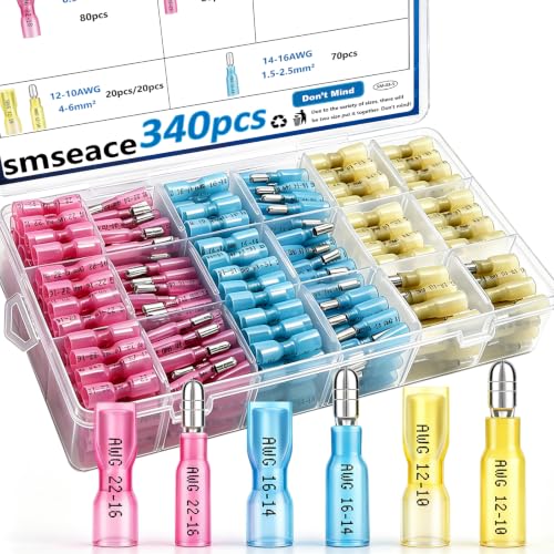 smseace 340PCS Heat Shrink Bullet Connectors Assortment Kit 22-10AWG Waterproof Bullet connectors Heat Shrink Female&Male Terminal for Automotive Boat Stereo Industrial Equipment - size: 340Pcs