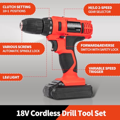 346pcs Tool Sets,18V Electric Power Drill Set, Cordless Drill for Men, Household Home DIY Hand Tool Kits,18+1 Clutch Cordless Power Drill Set for Thanksgiving, Christmas,Father's Day (Black) - color: Black