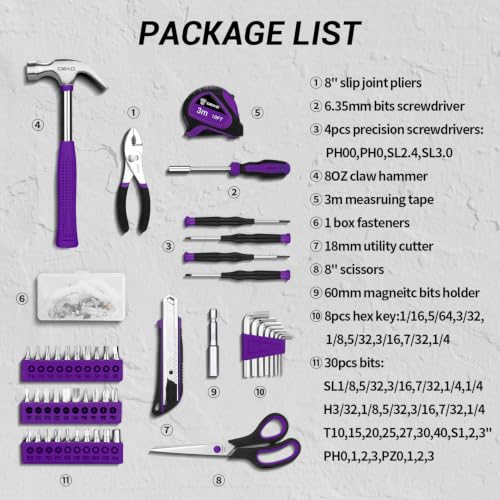 DEKOPRO 50 Piece General Household Hand Tool Kit with Plastic Toolbox Storage Case, All Purpose Home Tool Kit Includes Essential Tools for Office College Repairs - Purple - color: Purple-50pcs