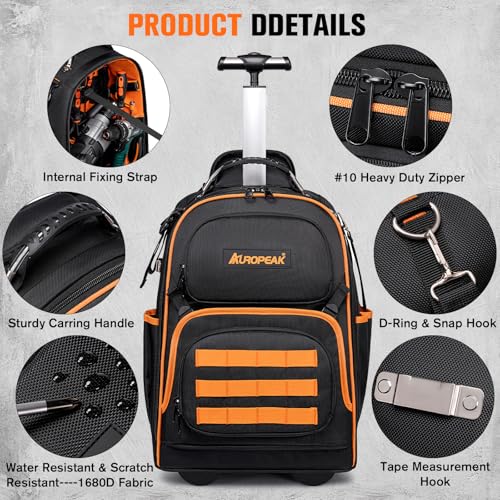 AUROPEAK Rolling Tool Backpack, 47 Pocket Heavy Duty Tool Bag with Wheels - size: 1.57" Wheel