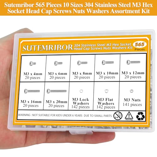 565 Pieces M3 Screws Nuts Washers Set, Sutemribor M3 x 4/6/8/10/12/16/20mm Hex Socket Head Cap Screws Nuts Washers Assortment Kit, 304 Stainless Steel, Fully Threaded - size: M3, style: Socket Head