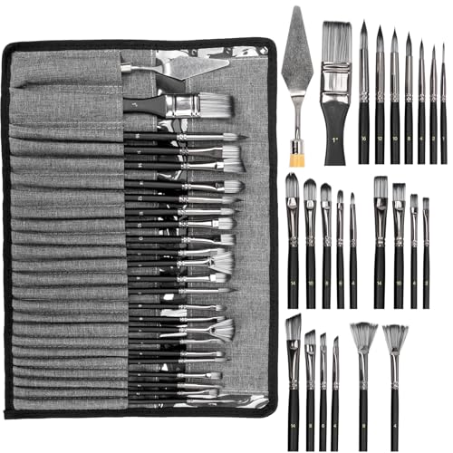 H & B 25 PCS Acrylic Paint Brush Set with Canvas Roll for Oil Watercolor - color: Black
