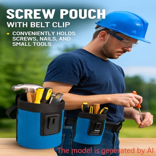 Waxed Canvas Nail/Screw Pouch, Tool Pouch with Belt Clip, 5 x 5 x 8 Inch Rounded Bolt Bag with Stand up Base Metal Clip on Organizer, Nail Pouch Suitable for Carpenters, Electrician, Carpenter - color: Blue