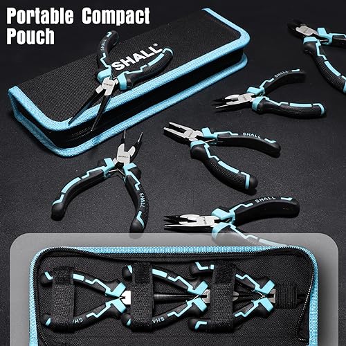 SHALL Mini Pliers Set, 6-Piece Small Pliers Tool Set Includes Needle Nose, Long Nose, Bent Nose, Diagonal, End Cutting and Linesman for Making Crafts, Electronic Repairing & Jewelry with Pouch