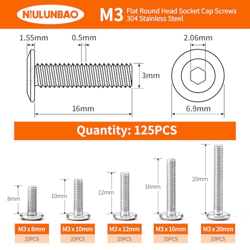 M3 x 8mm 10mm 12mm 16mm 20mm Flat Round Head Hex Socket Cap Screws Bolts, Furniture Screws, 304 Stainless Steel, Metric Fully Threaded, Allen Hex Drive, Bright Finish, Assortment Kit 125PCS - size: M3 x 8/10/12/16/20mm (125PCS)