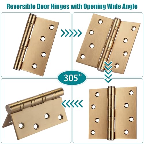 6 Pack Brass 4'' Ball Bearing Door Hinges, 4 x 4 Inch Exterior Door Hinge - color: Brass