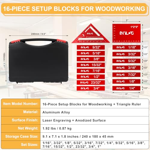 Setup Blocks Woodworking, Setup Blocks Height Gauge Set, 16 PCS Setup Blocks with Set Up Blocks for Woodworking, Case, Square Ruler, Aluminum Setup Bars for Router and Table Saw Accessories - style: Measurement