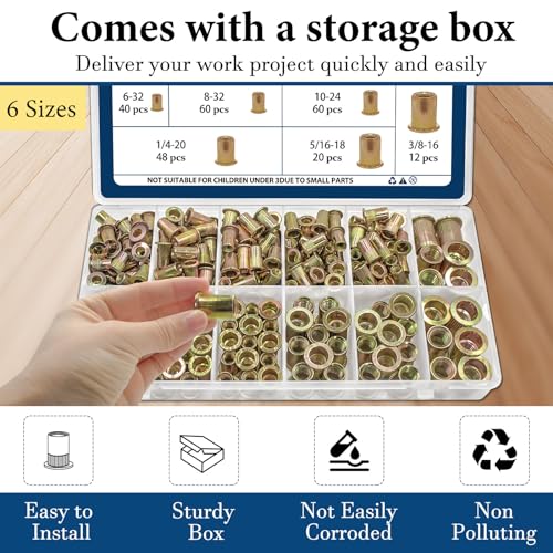 SAE Rivet Nut Assortment Kit,240Pcs #6-3/8 Zinc Plated Rivnuts Insert - color: Yellow, size: SAE Assortment - 240 Pcs