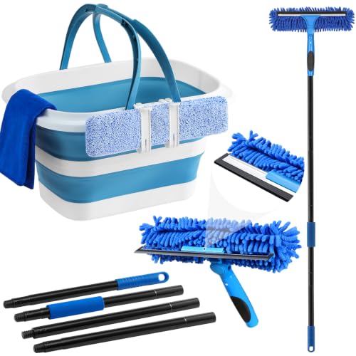 Window Cleaning Kit with Collapsible Bucket 4.2 Gallon, Professional 69" Window Squeegee Cleaner Tool with Extension Pole, Window Washing Equipment Cleaner Tool for Home Outdoor Commercial Use