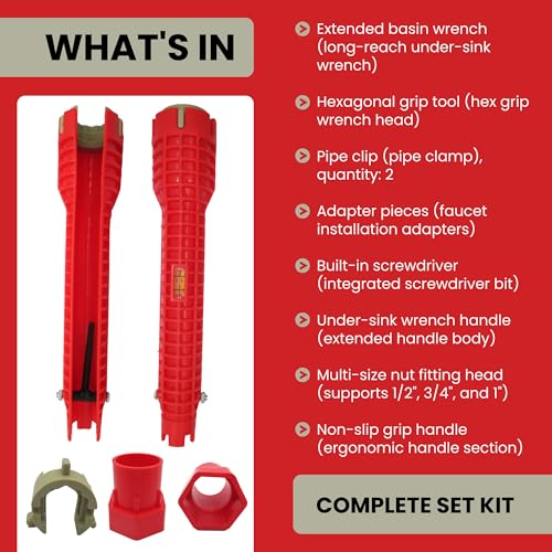 Faucet and Sink Wrench Tool - Multi-Function Basin Wrench - Plumbing Installation Tool for Tight Spaces - Kitchen Bathroom Sink Faucet Installer - Under Sink Wrench Set - Plumber Tools (8-in-1 Kit)