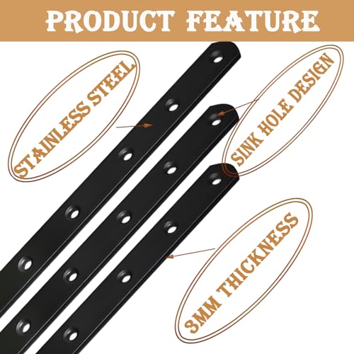12Pack Straight Brackets Black, 8Inch 200MM Mending Plate Metal Brackets for Brace, Heavy Duty Joining Plates for Wood Fence Bookcase Cabinet, Straight Brace Repairing Mending Plates - size: 8 Inch (12 Pack)