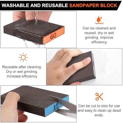 Romeda 8-Pack Sandpaper Block, Four Grits Per Pack 60/80/120/220, Washable and Reusable Handmade Sanding Sponge, Drywall Sandpaper Blocks for Wooden Drywall Sheetrock and Metal Glazing