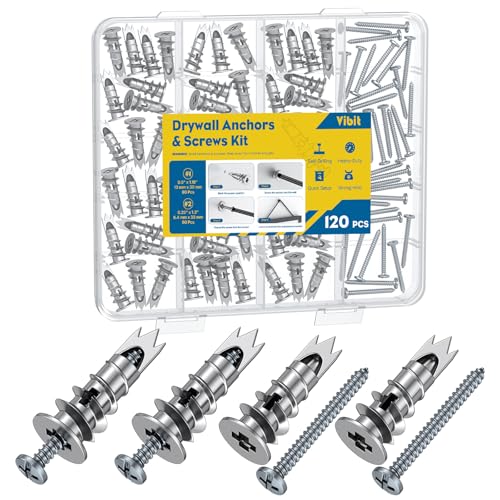 Vibit Self Drilling Drywall Anchors, Heavy Duty Wall Anchors for Drywall, Metal Dry Wall Anchors and Screws Kit, Zinc Alloy Sheetrock Anchors with #6 x 1 5/16" Screws, Picture Hanging Kit, 120 Pcs - size: 120 Pcs
