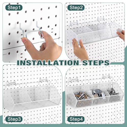 Hicarer 2 Pcs Divided Pegboard Baskets with 4 Hooks, 3 Grid,White | White, Wall Mount, Metal Peg Board Organizer Accessories, Pegboard Baskets, Workbench Bathroom Garage Storage, Rust Resistant - color: White