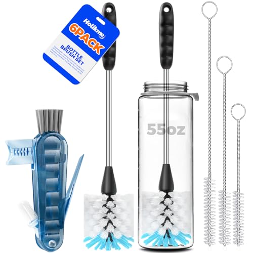 Holikme 6 Pack Bottle Brush Set, 14" Long Handle Stainless Steel Bottle Cleaner Brush, 3 Straw Brushes, 4-in-1 Bottle Cleaning Brush for Water Bottle, Baby Bottle, Blue&White - color: Blue&white, size: 6Pack