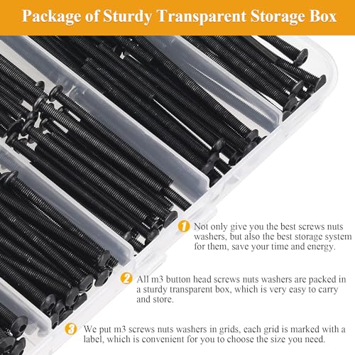 305 Pieces M3 x 30/35/40/45/50mm Button Head Socket Cap Screws Nuts Washers Set Black, Sutemribor M3 Long Screws, M3 Black Screws Nuts Washers Assortment Kit, 10.9 Grade Alloy Steel, Fully Threaded - size: M3 x 30-50mm, style: Button Head