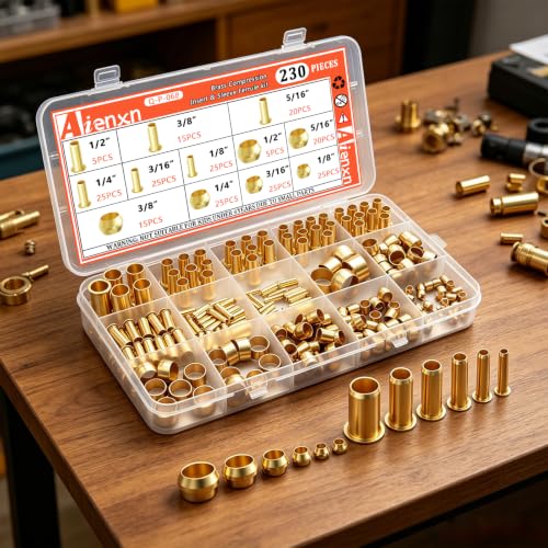 230PCS 6 Sizes Brass Compression Fittings Assortment kit - size: 1/8"- 1/2" (230PCS), style: Compression Fittings