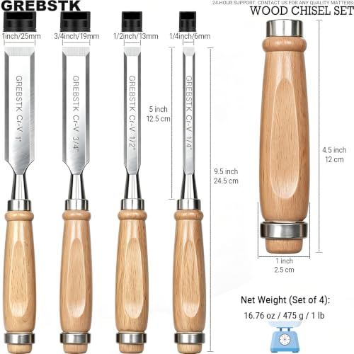 GREBSTK 4 Piece Wood Chisel Set CR-V Steel Sharp Bevel Edge for Woodworking