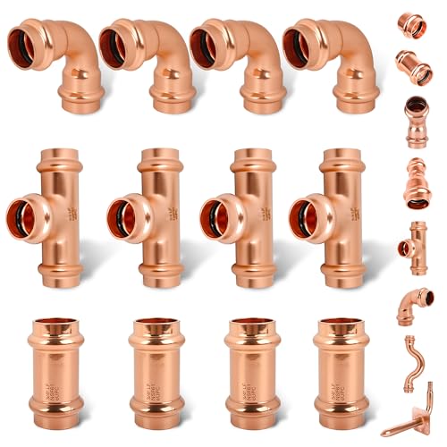 (wdaisy 12 Pack) Copper Press Fittings Kit – 3/4 Inch, Tee Elbow & Coupling Combo Set, Press Compatible Press Fittings, Lead-Free Copper Plumbing Pipe Fittings - size: 3/4" Combo Kit - 12P