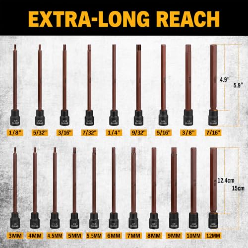 Extra-Long Allen Hex Bit Socket Set: 20-Piece 3/8 Inch Drive, 150mm S2 Steel, Standard SAE & Metric (1/8-Inch - 7/16-Inch, 3-12mm) for Impact Drills and Ratchet Wrenches - style: 150mm Allen Hex Bit Socket Set