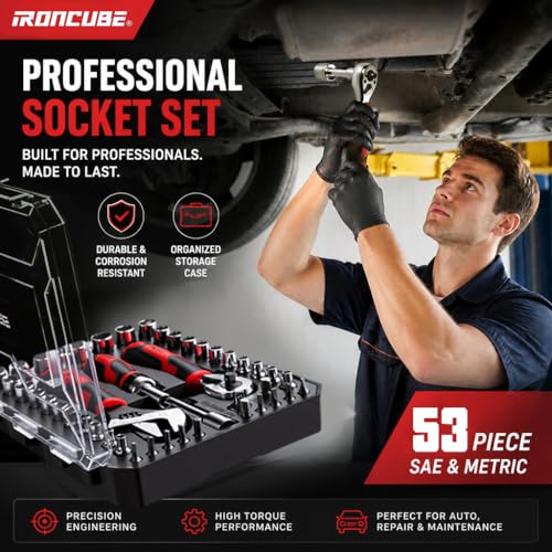 ironcube 53-Piece Socket Ratchet Wrench Set, with 20-In-1 Ratcheting Screwdriver & 2-in-1 Adjustable Wrench for Garage, Auto Repair, Household Backyard & College Dorm