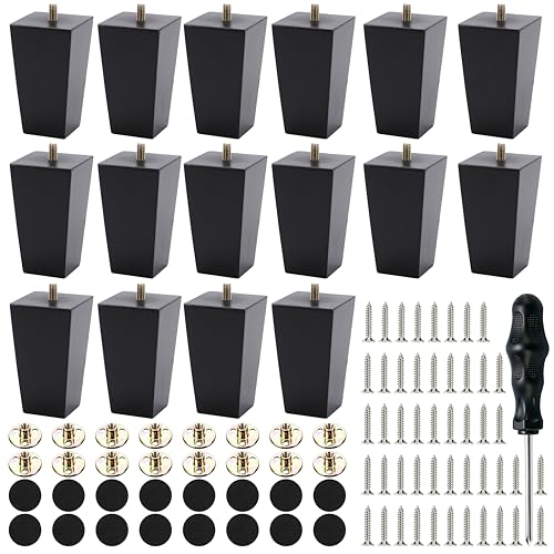 Set of 16 Black 4 Inch Square Solid Wood Furniture Legs Wooden Replacement Feet for Sofa Legs Replacement, Couch Feet Replacement, Chair, Bed, Includes M8 Iron Washers, Screws, Felt Pads & Screwdriver - size: 4 Inch