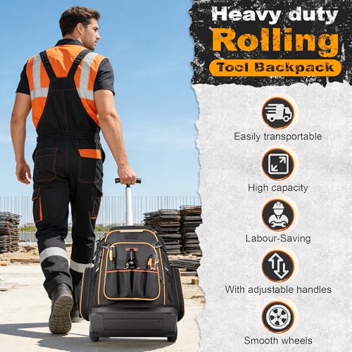 Tool Backpack, HVAC Tool Bag with Molded Base, Full Opening Electrician Tool Backpack for Men Heavy Duty, Tools Organizer Bags for Jobsite Work Handyman, Large Pockets & Combination Lock