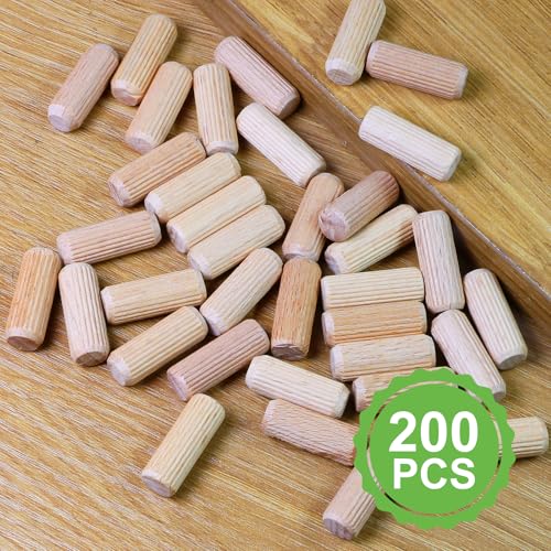3/8" x 1" Wooden Dowel Pins, FoDau770 Fluted Wood Dowel Rods, Natural Beech Wood Dowel Pegs for Crafts, Woodworking, DIY Furniture - 200 Pieces - size: 3/8" x 1"