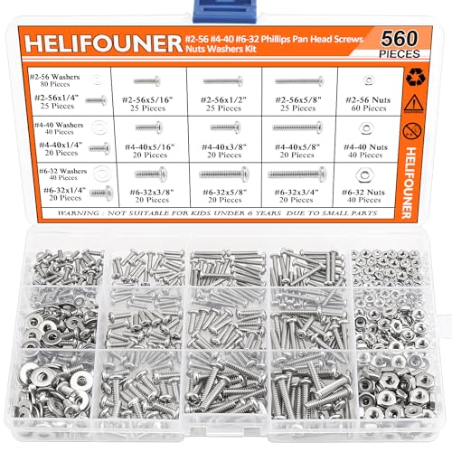 HELIFOUNER 560 Pieces #2-56#4-40#6-32 Phillips Pan Head Machine Screws Nuts Washers Assortment Kit, Coarse Thread, Fully Machine Threaded, 304 Stainless Steel - size: #2-56 / #4-40 / #6-32, style: Phillips Pan Head