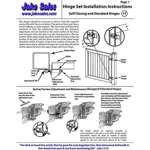 Jake Sales Self Closing Black Powder Coated Vinyl Gate Hinges - Adjustable 3/4" - 1-1/2" - Includes 2 Hinges & Mounting Hardware - color: Black
