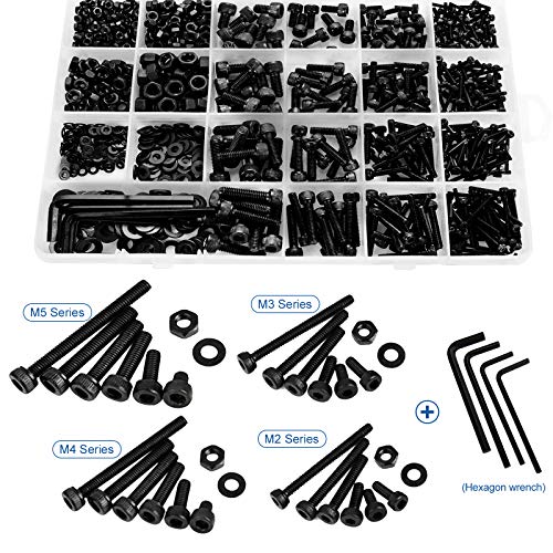 NINDEJIN M2 M3 M4 M5 Hex Socket Head Cap Screw Bolts Nuts and Washer Assortment Kit, 1060PCS Black Machine Screws Set, 12.9 Carbon Steel Small Metric Screws with 4PCS Allen Wrenches - size: M2 M3 M4 M5 1060