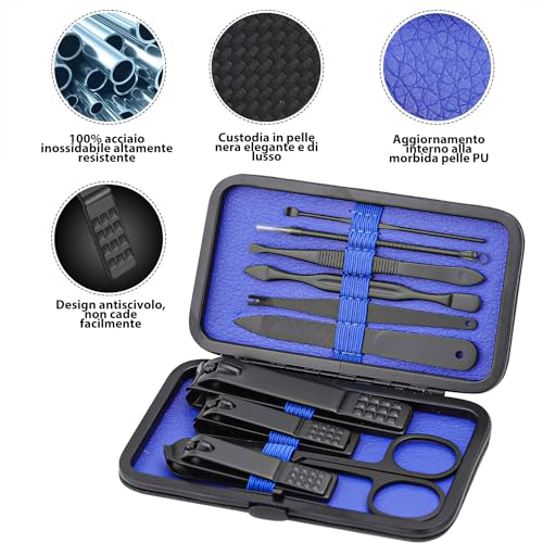 Glamne Manicure Set Nail Clippers Kit Professional Stainless Steel Nail Care Tools with Leather Travel Case 10 in 1 Blue - color: Blue