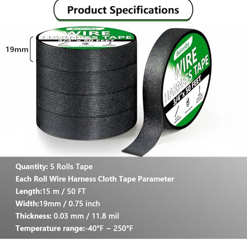 5 Rolls High Temp Wire Harness Tape (250FT Total) – OEM-Grade Automotive Cloth Fabric Tape for Engine Wiring Loom, Electrical Cable Protection & Noise Damping - 3/4 in x 50 ft - style: 5-pack