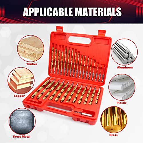 30 Pcs Impact Twist Drill Bit Set，1/16"-1/2" Hex Shank Hss Titanium Drill Bits，Fit for Metal/Wood/Plastic Sink